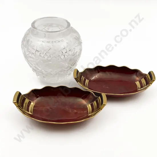 Crystal Vase Together with Two Carlton Ware "Rouge Royale" Dishes