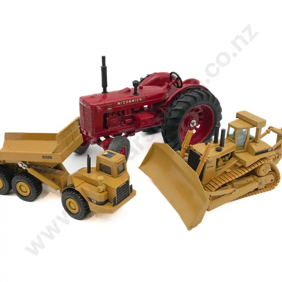 McCormick Toy Tractor and Caterpillar Bulldozer and Dump Truck