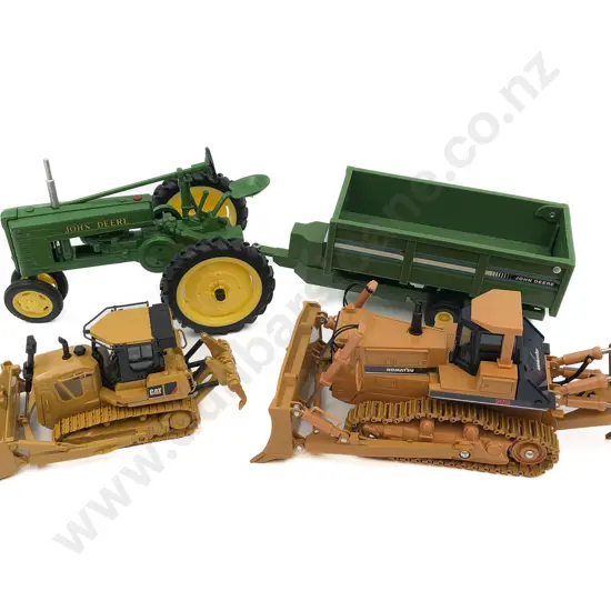 Toy John Deere Tractor Trailer Together with Two Caterpillar Bull Dozers
