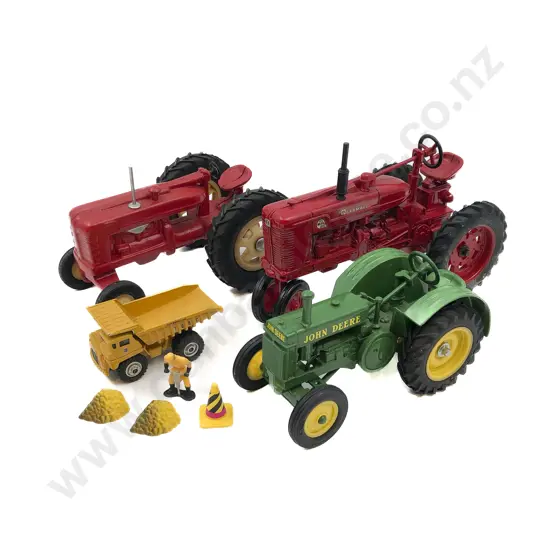Box of Assorted Toy Tractors and Equipment Including John Deere