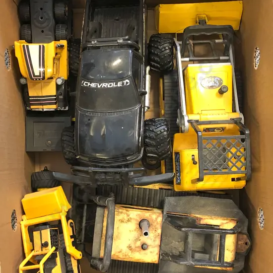 Box of Assorted Toy Trucks and Bulldozers Etc