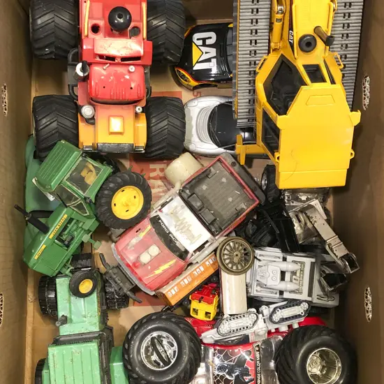 Box of Assorted Toy Trucks and Tractors Etc