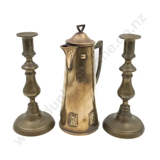 Pair of Brass Candle Sticks Together with Art Nouveau Jug