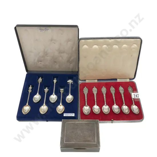 S/S Trinket Box Together with Two Cased Sets of Commemorative Tea Spoons
