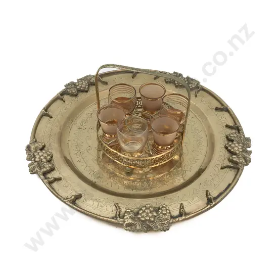 Circular Brass Tray Together with Liqueur Glass Carrying Tray