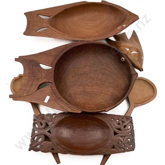 Quantity of Carved Woodware Including Fish Form Bowls Etc