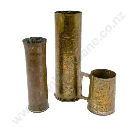 NZ Bullet Shell Tankard Together with Two Brass Artillery Shells