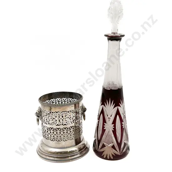 S/P Wine Bottle Holder Together with Conical Ruby Flashed Decanter (Faults to Stopper)
