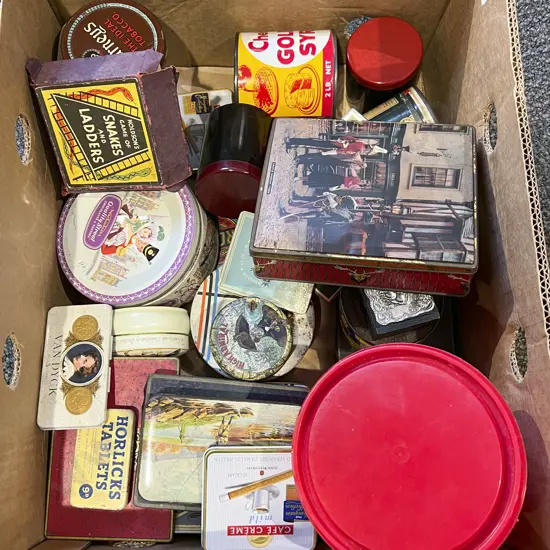 Box of Assorted Vintage Tins Etc