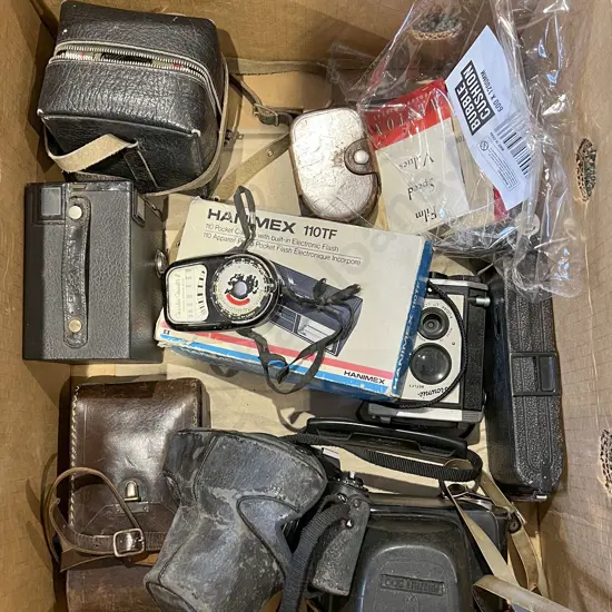 Box of Assorted Vintage Cameras and Accessories Including Pentax