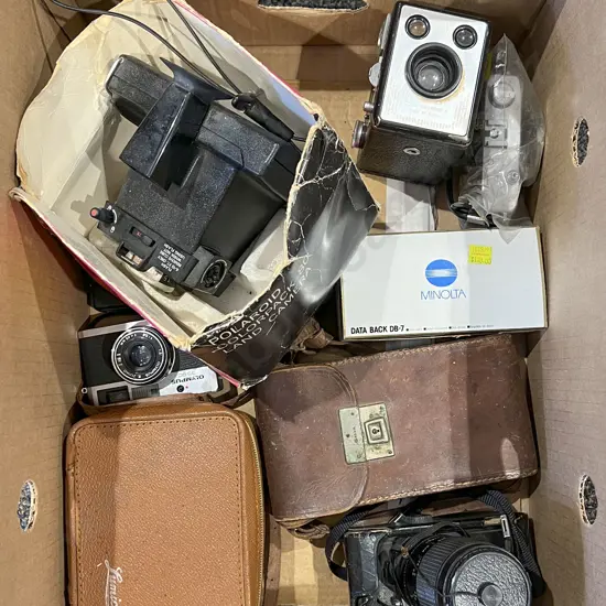 Box of Assorted Vintage Cameras Including Polaroid Etc