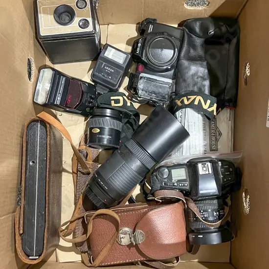 Box of Assorted Vintage Cameras and Accessories Including Nikon and Minolta Etc