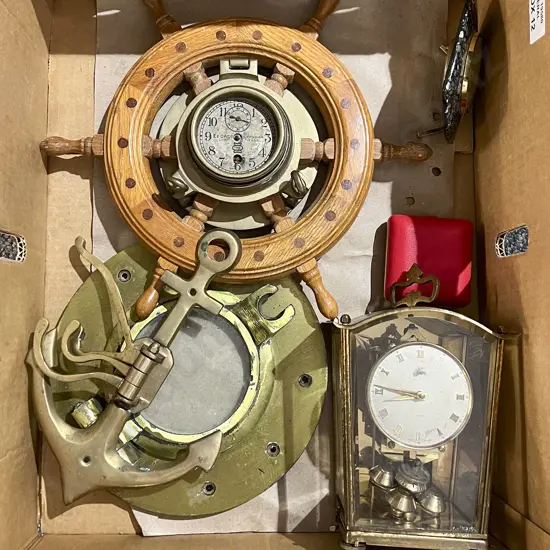 Box of Assorted Clocks and Nautical Themed Items Including Porthole and Anchor Form Coat Hooks Etc