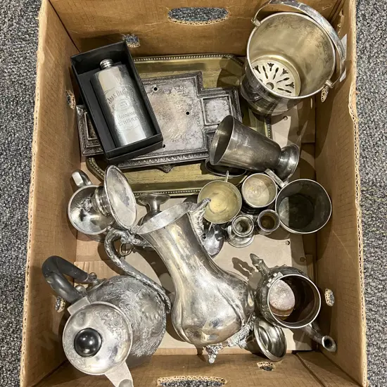 Box of Assorted Metal Ware Including S/P and Whiskey Hip Flask