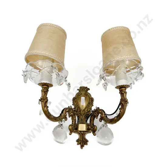 Gilt Metal Two Light Wall Sconce With Decorative Crystal Droplets