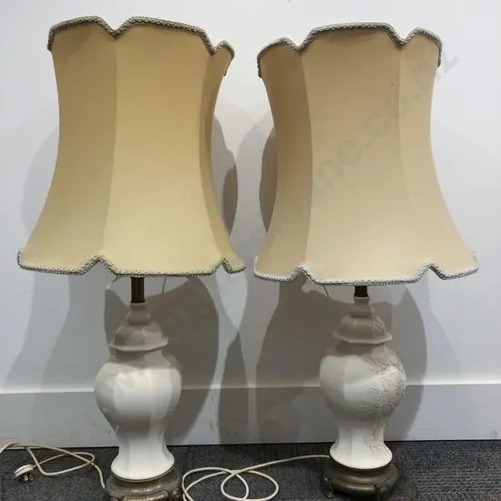 Pair of Hand Painted Vase Form Table Lamps on Brass Bases