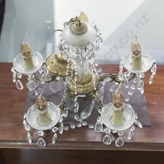 Brass Five Light Chandelier with Crystal Droplets