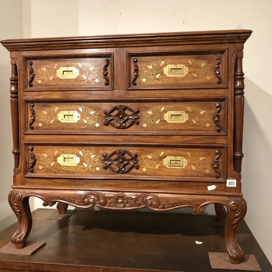 Small Campaign Style Four Drawer Side Chest with Floral Inlay