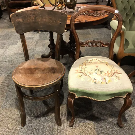 Tapestry Seated Balloon Backed Chair Together with Bentwood Style Single Chair