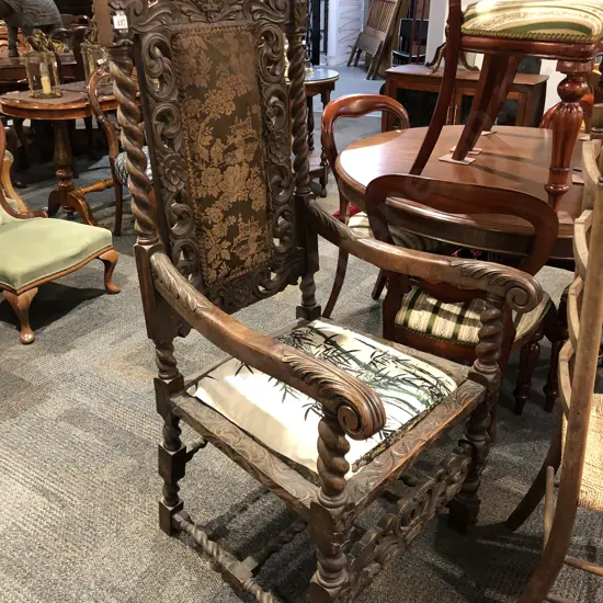 Carved Oak Throne Style Carver Chair with Barley Twist Supports (Faults)