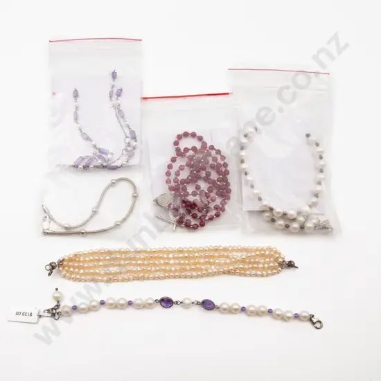 Three Various S/S Pearl and Gem Bracelets and Three Necklaces
