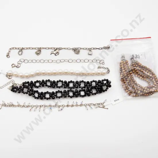 Five S/S and Pearl Bracelets and French Jet Necklace