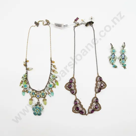 Two Metal Crystal and Enamel Pendant Necklaces and Two Pair Earrings