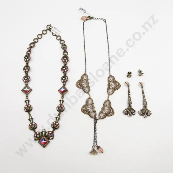 Two Metal Crystal and Enamel Pendant Necklaces and Two Pair Earrings