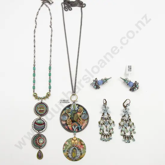 Two Metal Crystal and Enamel Pendant Necklaces and Two Pair Earrings