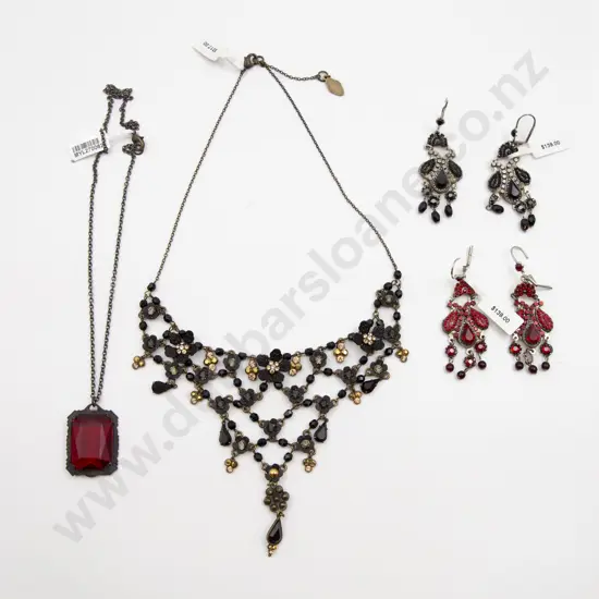 Two Metal Crystal and Enamel Pendant Necklaces and Two Pair Earrings