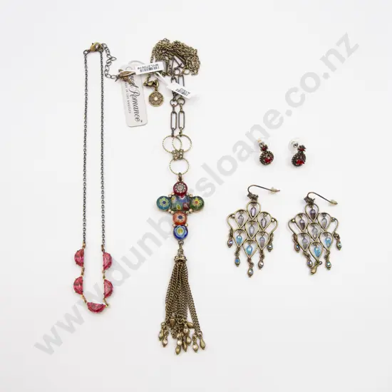 Two Metal Crystal and Enamel Pendant Necklaces and Two Pair Earrings
