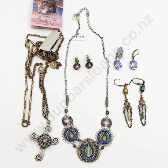 Two Metal Crystal and Enamel Pendant Necklaces and Three Pair Earrings