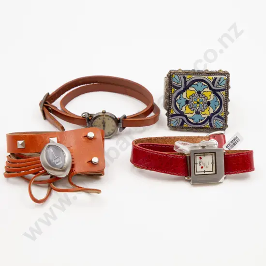 Metal and Tile Bangle and three watches on leather straps