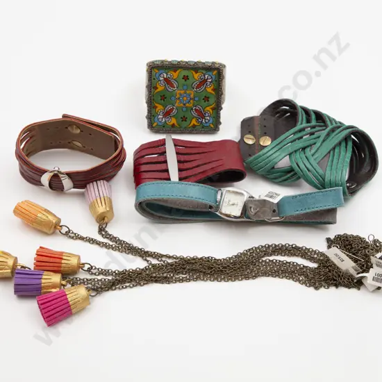 Metal and Tile Bangle and four leather wrist straps and tassel pendants