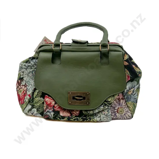 Made in Italy Green Leather and Tapestry Brocade Shopper Tote Bag