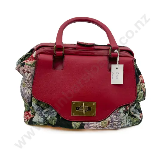 Made in Italy Red Leather and Tapestry Brocade Shopper Tote Bag