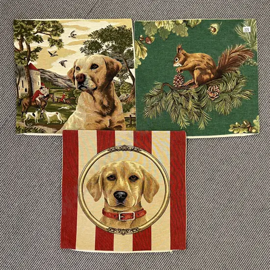 Three Dog and Squirrel Theme Brocade Cushion Covers