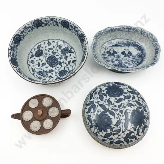 Three Pieces of Blue and White with Small Teapot