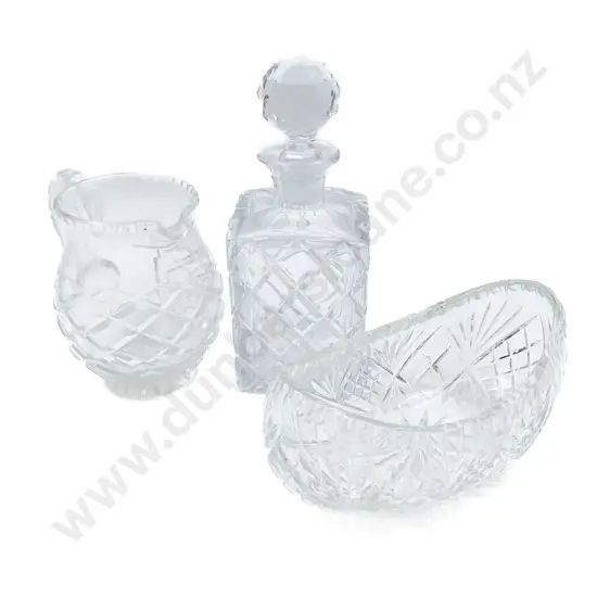 Cut Glass Decanter Together with Crystal Jug and Oval Bowl (Faults)