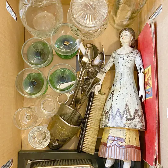 Box Quantity of Assorted Including Glassware and Shoe Lasts etc