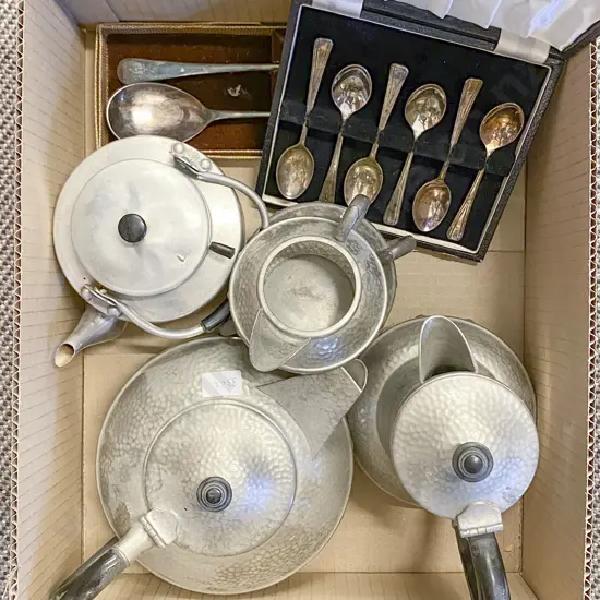 Box of Assorted Including Four Piece Pewter Coffee Set and Boxed Cutlery