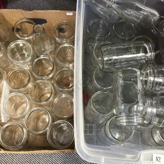 Two Boxes of Assorted Preserving Jars and Milk Bottles etc