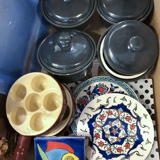 Box of Assorted Kitchen Crockery and Decorative Tiles etc