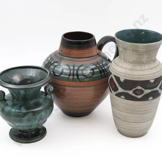 Two German Pottery Vases Together with Blue Mountain Pottery Vase