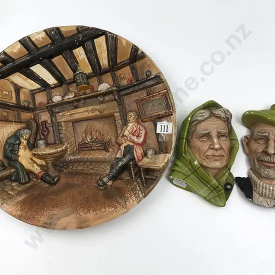 W. H. Bossons Hand Painted Relief Moulded Plaque Together with Wall Hanging Busts