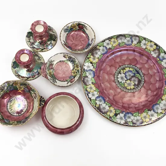 Seven Pieces of Assorted Maling Including Pair of Candleholders