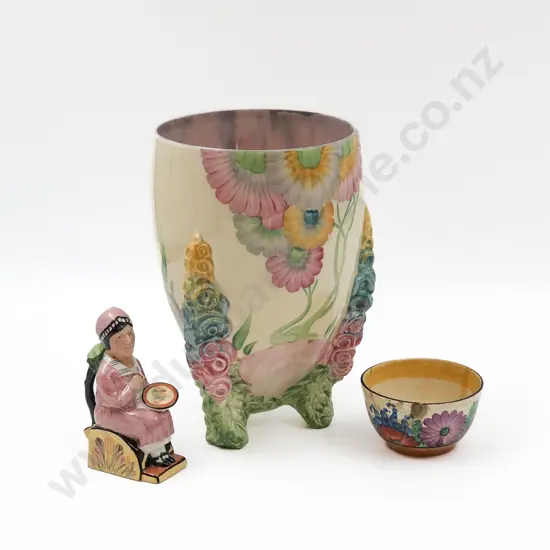 Clarice Cliff Floral Vase Together with Mini Clarice Cliff Jug and Other Sugar Bowl (Faults)