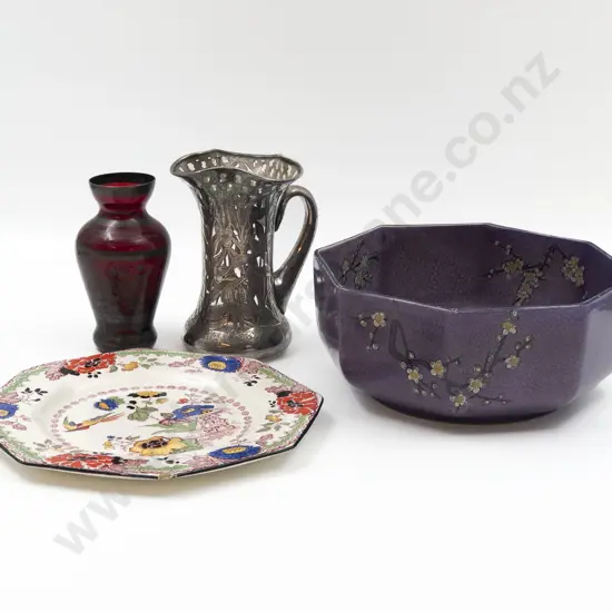 Small Qty of Assorted Including Octagonal Bowl and Cranberry Glass Vase