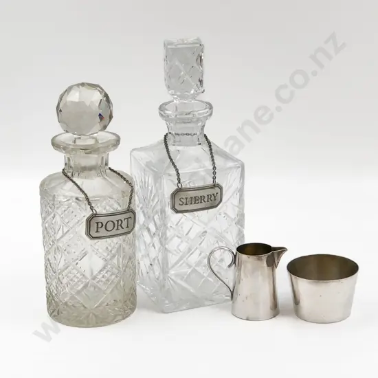 Two Decanters (Chips) Together with Plated Sugar and Cream