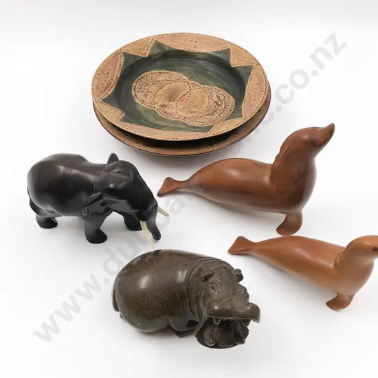 Four Assorted Animal Ornaments and Two Aboriginal Decorated Wooden Bowls